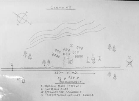 Схема расположения объектов кладбища. 2009. Источник: Архив Фонда «Покаяние» (Сыктывкар) сотрудниками предоставлены Интинского краеведческого музеям